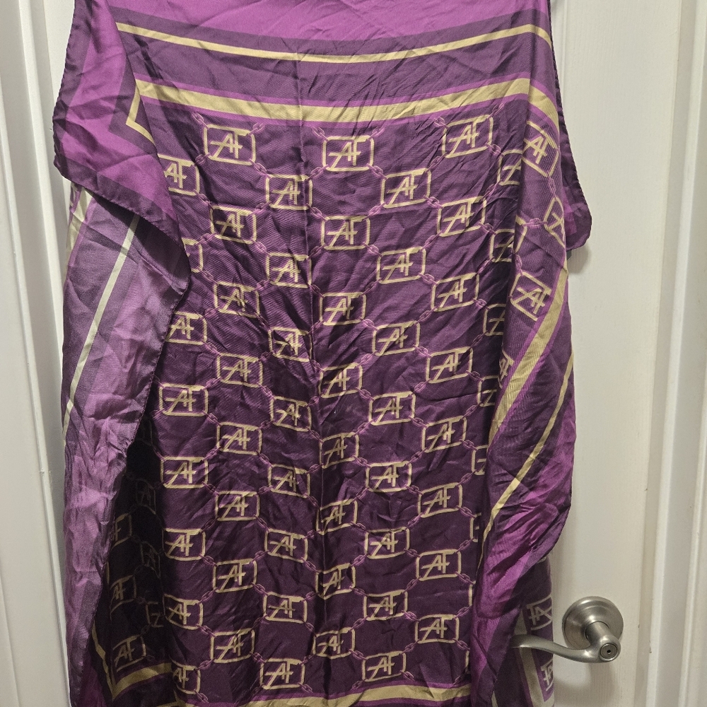 Alberta Ferretti Silk Purple and Gold AF Patterned Scarf 34x34